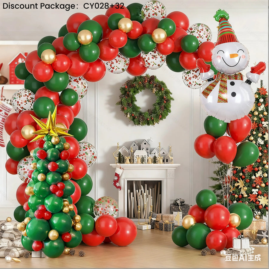 Christmas Balloon Combo: 123PCS Arch + Tree Sets (Snowman/Star Foil)