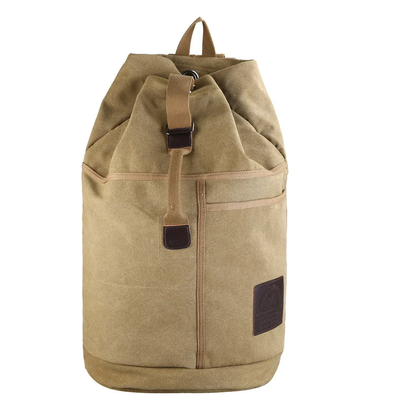 Canvas Travel Backpack with Bucket Design Khaki