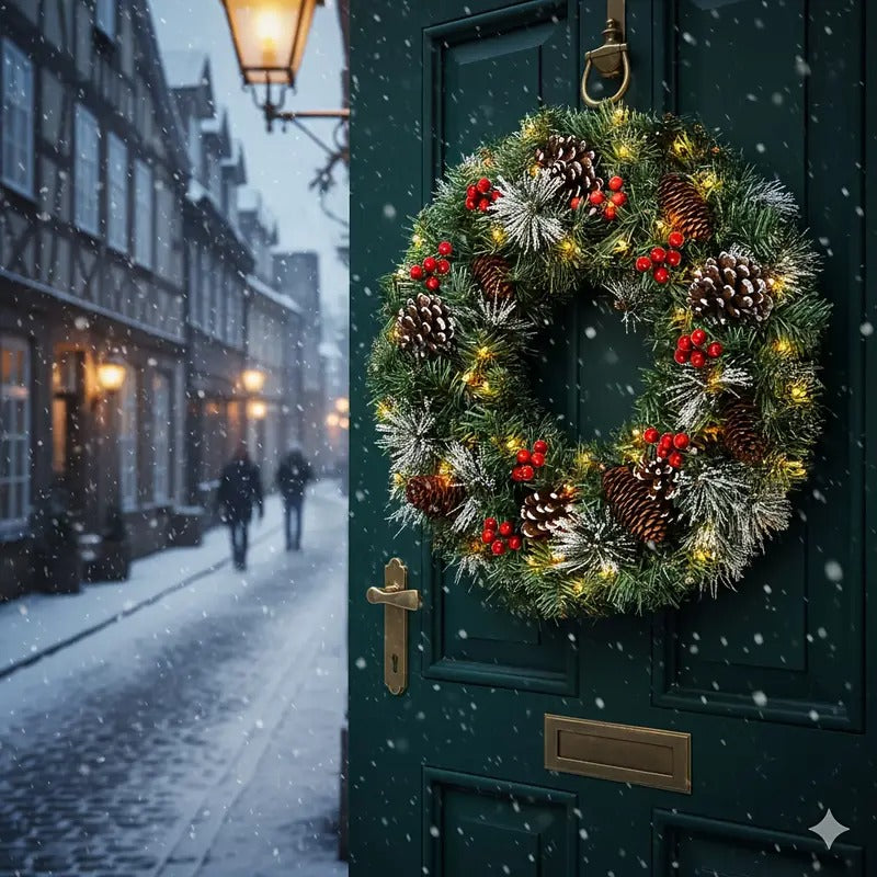 Christmas Wreath Pre-Lit Pine Cone LED Decoration