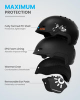 OutdoorMaster Children's Ski Helmet, Snowboard Helmet for Boys & Girls, Robust PC Shell & EPS Foam, 12 Ventilation Holes, Adjustable Snow Sports Helmet, Certified Snow Sports and Snowboard Matte Black,48-52cm X-Small - Front View