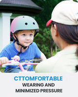 Outdoor Master Youth & Kids Bike Helmet - Adjustable Multi-Sports Skateboard Helmet with Removable Liners for Balance Bike, Toddler Scooter, One Wheel Hoverboard-Blue pink gradient-Small - Front View