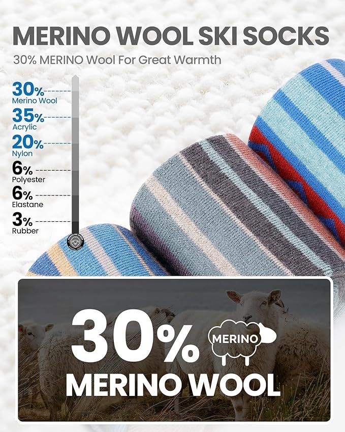 OutdoorMaster Ski Socks 4-Pack Merino Wool, Over The Calf Non-Slip Cuff for Men & Women