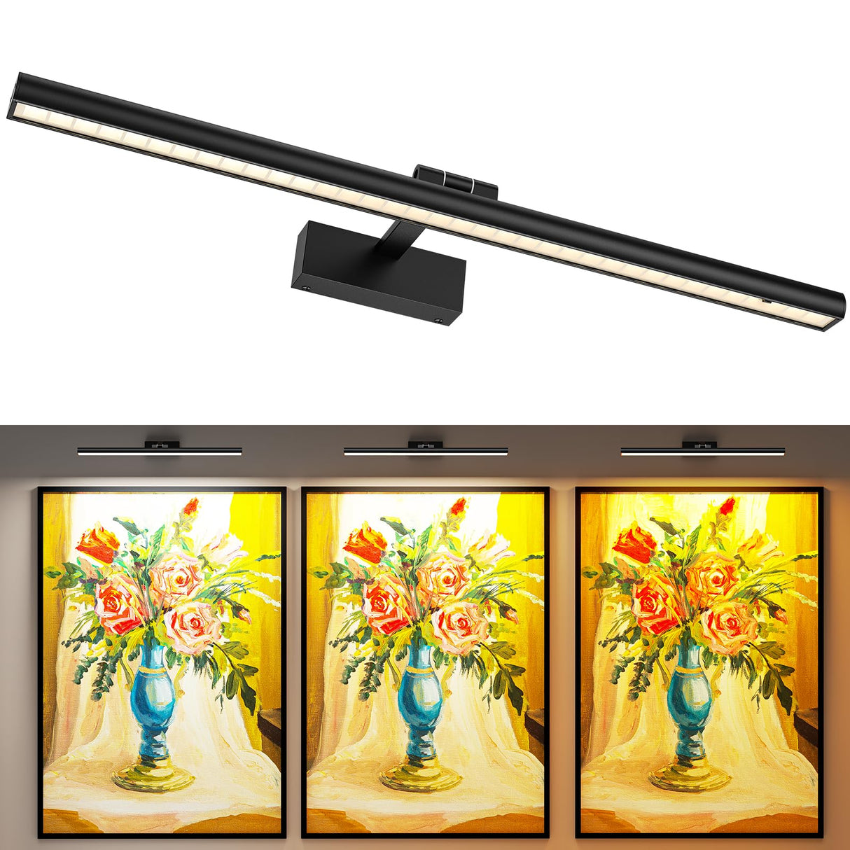 Wireless Picture Lights for Wall, Battery Operated Wall Light for Painting Rechargeable CCT Rotatable Art Gallery Light with Remote Dimmable Timer for Artwork Frame Display Dartboard (Black, 24inch)