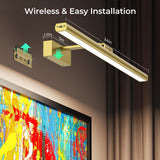 Wireless Picture Lights for Wall, Battery Operated Wall Light for Painting Rechargeable CCT Rotatable Art Gallery Light with Remote Dimmable Timer for Artwork Frame Display Dartboard (Gold, 24inch) - Close-Up Angle