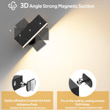 LED Wall Lights 2 Pack with Remote,Wall Sconces Lamp 3000mAh Rechargeable Battery Operated,3 Color Temperatures & 12 RGB Dimmable Magnetic 360° Rotation Cordless Light (Black) - Close-Up Angle