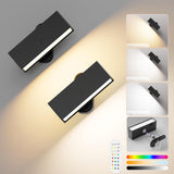 LED Wall Lights 2 Pack with Remote,Wall Sconces Lamp 3000mAh Rechargeable Battery Operated,3 Color Temperatures & 12 RGB Dimmable Magnetic 360° Rotation Cordless Light (Black) - Low Angle