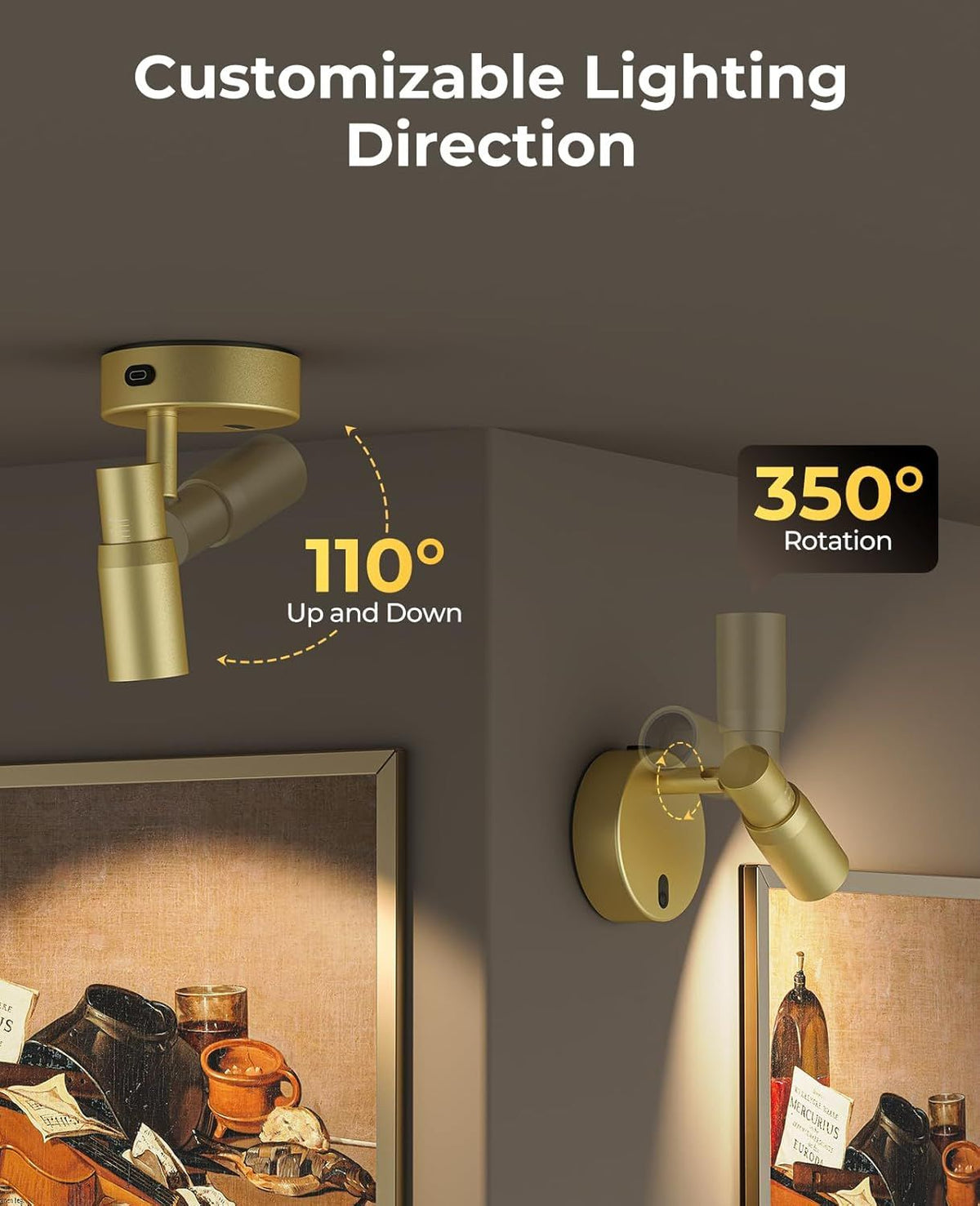 Spot Lights Indoor, Rechargeable Picture Light with Remote, Dimmable CCT Spotlight for Wall Art, 6000mAh Battery Uplights Indoor with Timer for Plant Artwork Painting Sofa Corner Light Gold
