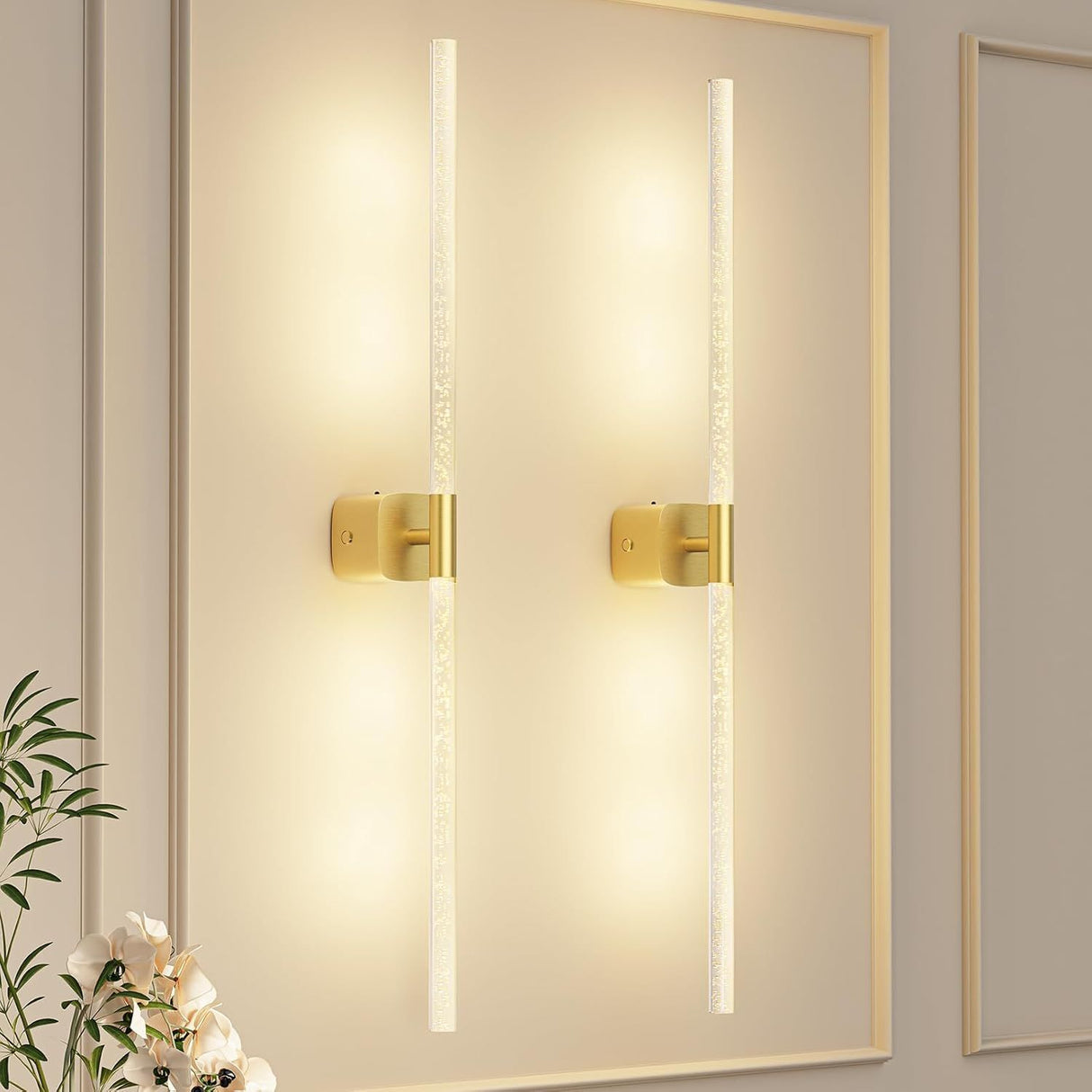 Gold Battery Operated Wall Sconce Set of 2, Rechargeable Wireless Wall Lights with Remote and Touch, 360° Rotatable Sconces Wall Decor for Bedroom Living Room (31.49 Inch, 2-Pack)