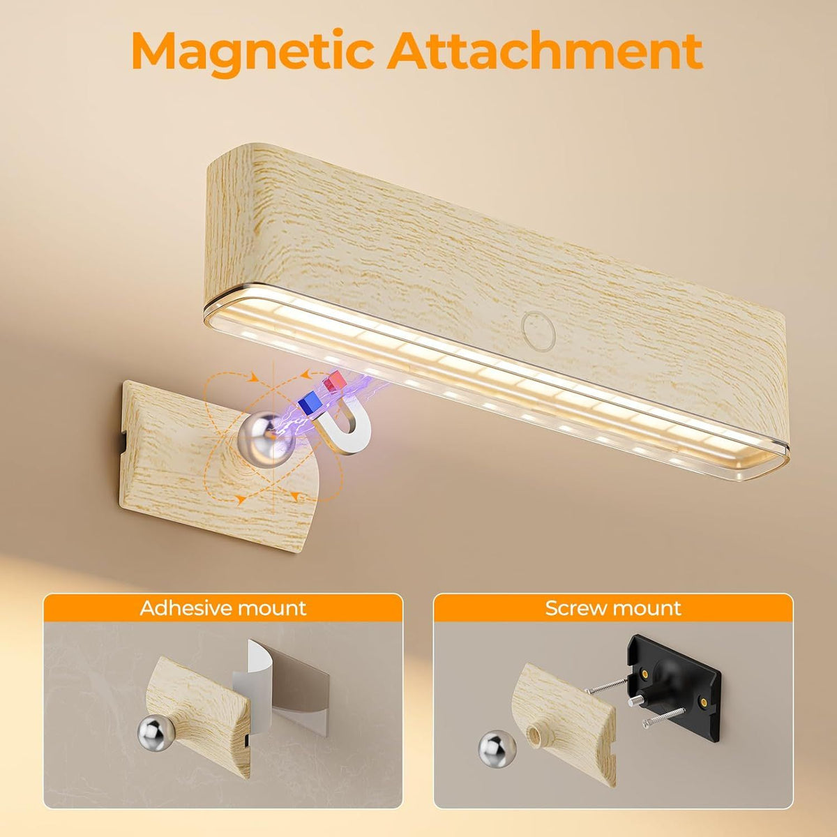 Magnetic Wireless Battery Operated Wall Sconce, Rechargeable Remote Control & Touch Control Wall Sconces Set of Two, 3-Color Temperatures LED Wall Lights, 360° Rotatable (Beech, 2-Pack)