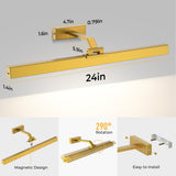Wall Picture Light, 24in Battery-Powered Gallery Light for Artwork, CCT Dimmable Rechargeable Battery Wall Lamp with Remote Control for Living Room, Gallery, and Dartboard (Gold) - Low Angle