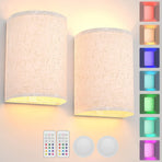 Battery Operated Wall Lights, 2 Pack Boho Decor with Remote Control, RGB Color Rustic Wall Sconces, Fabric Linen Shade Lighting