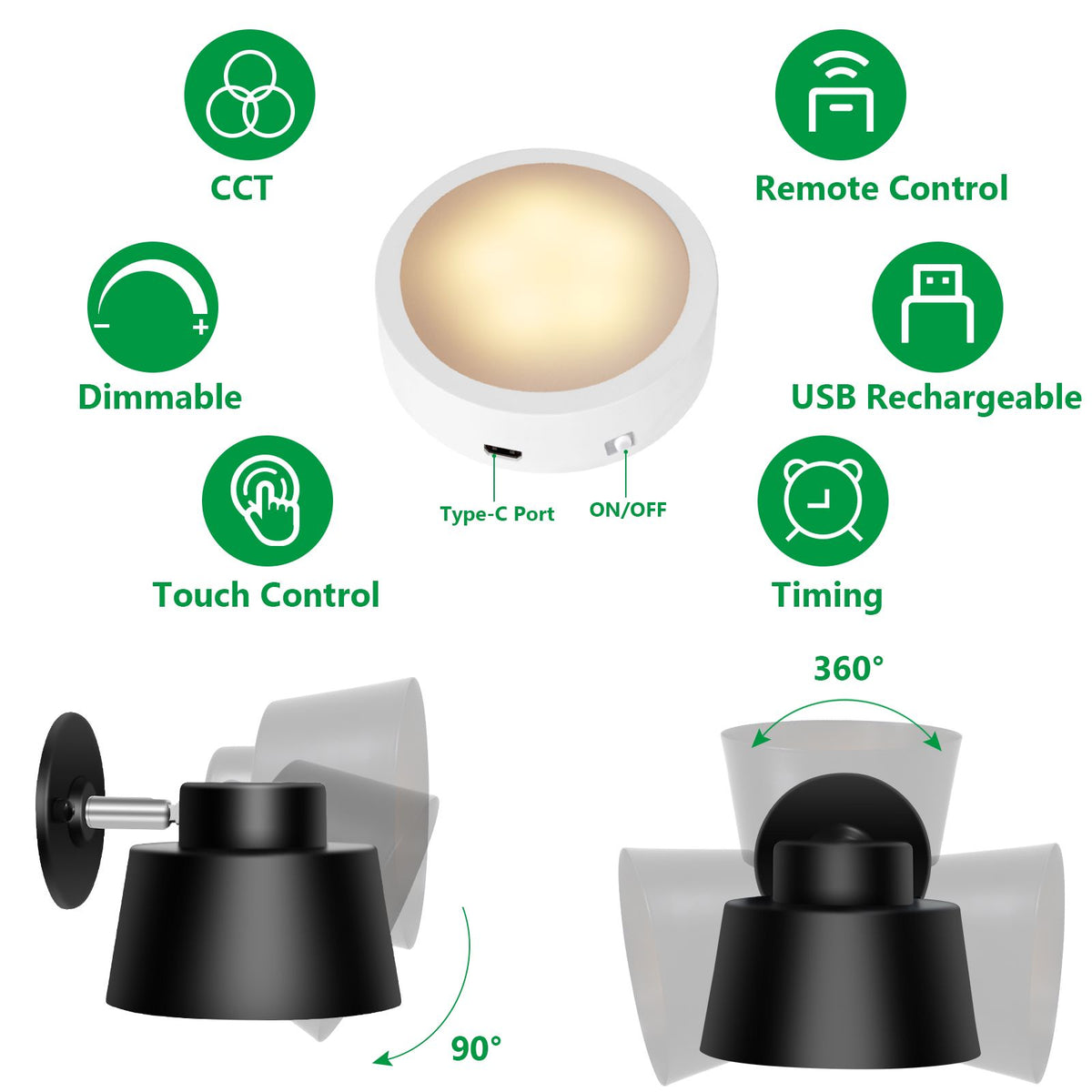 AIBOO Art Display Light, Picture Light Rechargeable Black, Color Changing & Dimmable with Remote LED Rotatable Wall Light for Pictures, Paintings, Portraits, Artworks