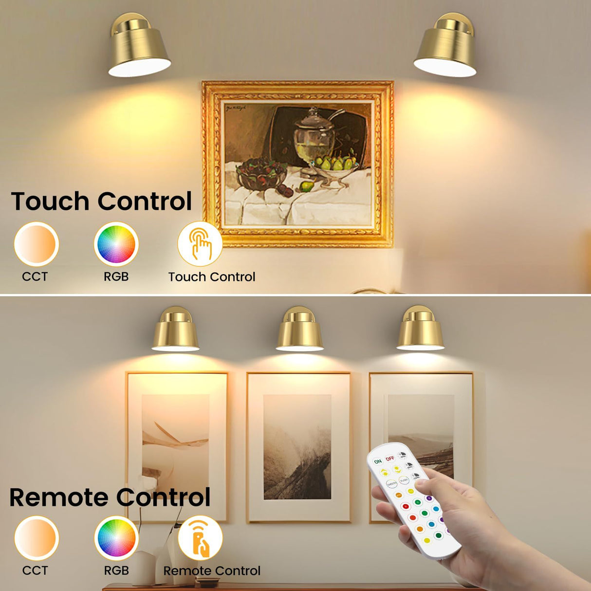 AIBOO Night Light Wireless Wall Light Indoor LED 2 Pack,Battery Operated Wall Lights Rechargeable Lamp with Remote,Touch Lamp Dimmable Wall Sconces Bedside Lamp for Bedroom Livingroom (Gold, 2Pack) [Energy Class E]