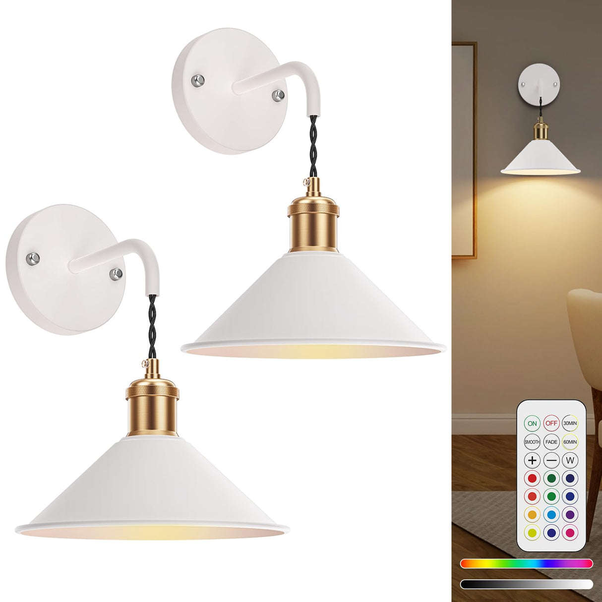 Battery Operated Wall Sconce, Wireless Wall Lights Set of 2, 13 RGB Colors Dimmable Battery Powered Wall Lamp with Remote, Memory Function, Timer for Bedroom, Living Room