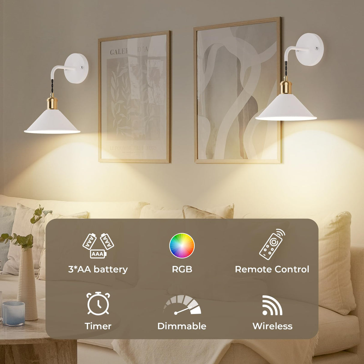 Battery Operated Wall Sconce, Wireless Wall Lights Set of 2, 13 RGB Colors Dimmable Battery Powered Wall Lamp with Remote, Memory Function, Timer for Bedroom, Living Room