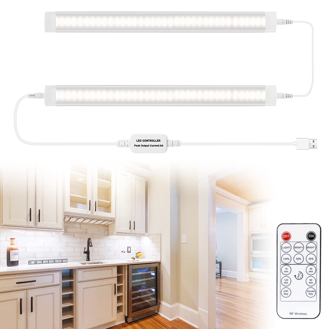 Led Under Cupboard Kitchen Lights, Dimmable Bar Cupboard Lights with Remote Control for Wardrobe,Cupboards, Closets, Display Cabinets（Natural White,2 Pack）