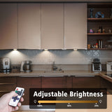 Dimmable LED Under Cabinet Lighting, Counter Showcase Kitchen Lighting Fixtures with 12V Plug in adapter and Dimmable Wireless Remote Control, 4 Ultra Slim Puck Lights Kit (Warm White) - Close-Up Angle