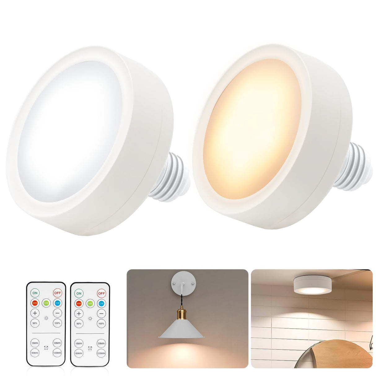 LED Battery Operated Lamps for Indoor Wall Light, E27, Remote Control and Touch Control CCT with E27 and Iron Piece for Living Room, Bedroom, Staircase, Hallway, Wireless Wall Light, Pack of 2