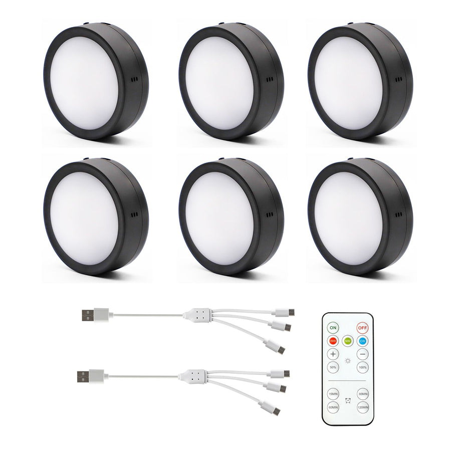 AIBOO rechargeable cabinet puck lights, 6 pack with remote, black