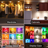 Puck Lights with Remote Control, 4-Pack Wireless Stick On Lights for Under Cabinet, Closet, Bedroom, Staircase & Bookshelf, 3000mAh Battery Operated Color Changing Lighting (RGB&CCT) - Close-Up Angle