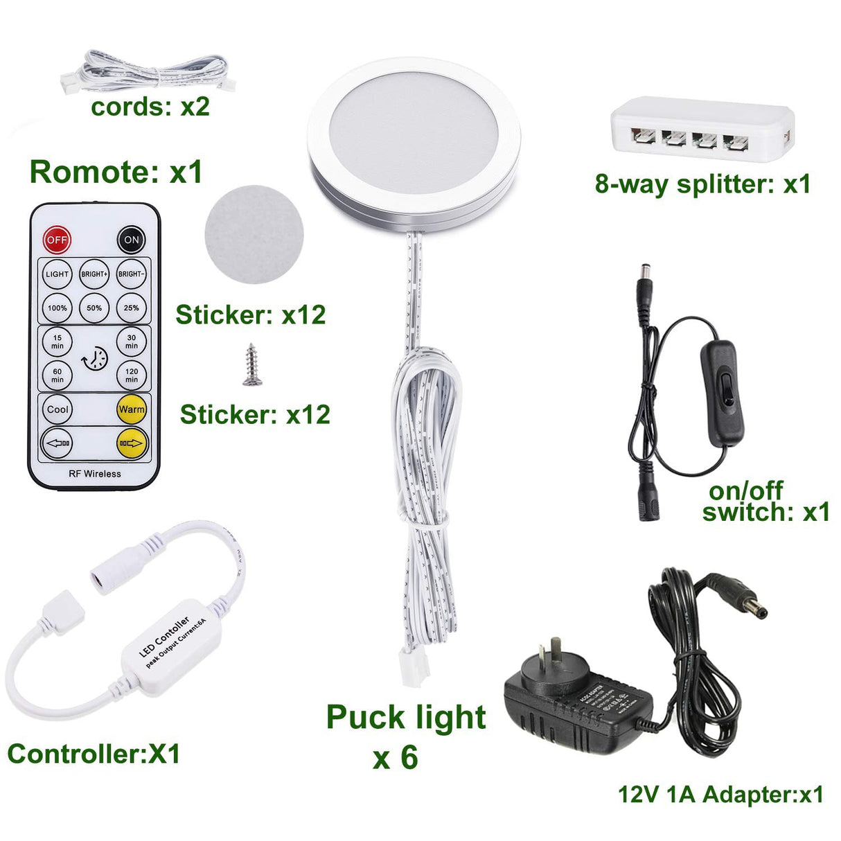 LED Under Cabinet Puck Lights CCT Light Color Temperature Adjustable Warm+White Double Color with Dimmable RF Remote Controller for Kitchen Shelf Ambiance Display Lighting (8 Lights, 24W)