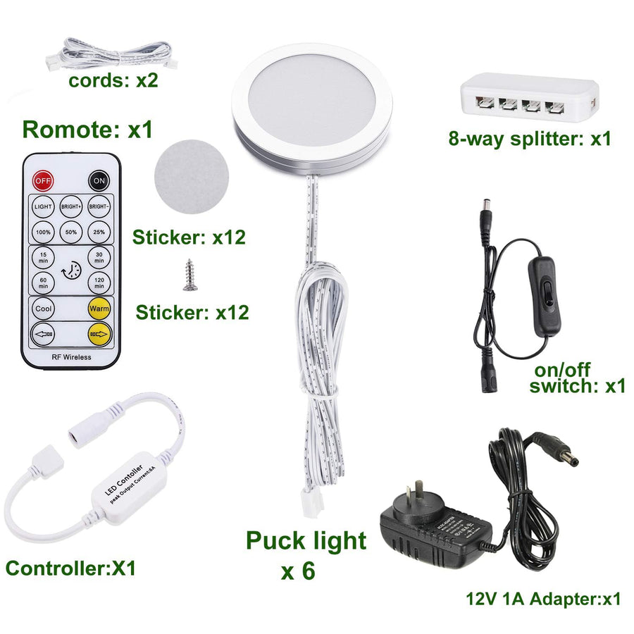 LED Under Cabinet Puck Lights CCT Light Color Temperature Adjustable Warm+White Double Color with Dimmable RF Remote Controller for Kitchen Shelf Ambiance Display Lighting (8 Lights, 24W)