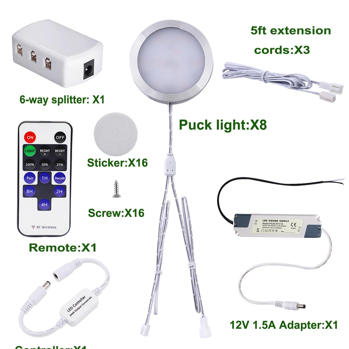 Linkable Under Cabinet LED Lighting 12V Dimmable Puck Lights Hardwired with Wireless RF Remote Control for Kitchen Mood Lighting(8 Lights, Warm White)