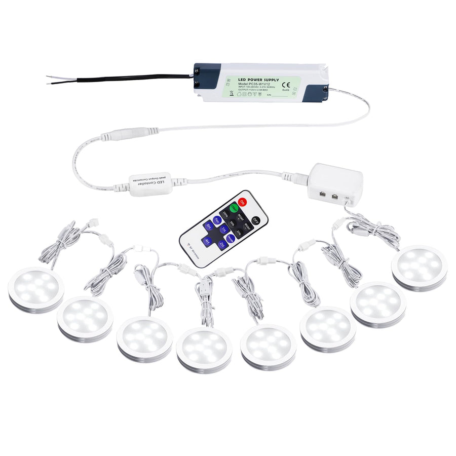 Linkable Under Cabinet LED Lighting 12V Slim Aluminum Dimmable Puck Lights Direct Wired with RF Remote Control for Kitchen Lighting(8pack Daylight White)