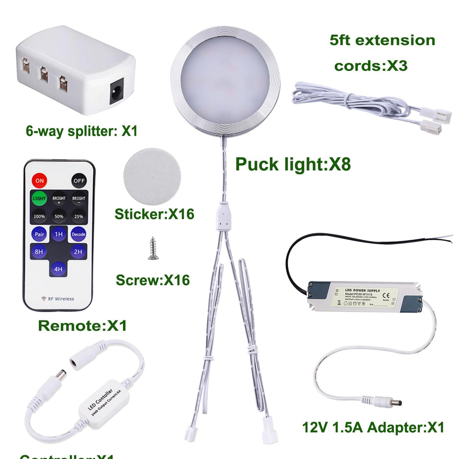 Linkable Under Cabinet LED Lighting 12V Slim Aluminum Dimmable Puck Lights Direct Wired with RF Remote Control for Kitchen Lighting(8pack Daylight White)