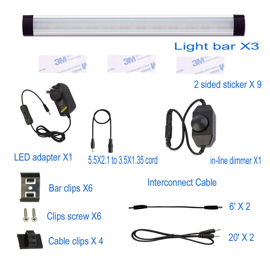 Dimmable Led Under Cabinet Lighting Bar Linkable Kits with Rocker Switch Under Counter Kitchen,Showcase,Shelf Lighting(3 Panel Kits Cold White)