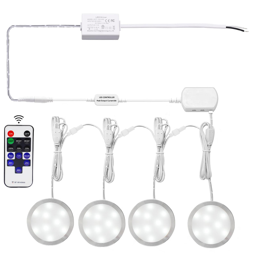 Linkable Under Cabinet LED Lighting 12V Slim Aluminum Dimmable Puck Lights Direct Wired with RF Remote Control for Kitchen Lighting(4pack, Daylight White)
