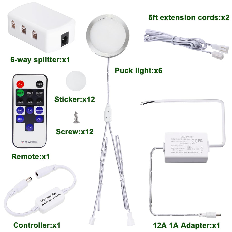 Linkable Under Cabinet LED Lighting 12V Slim Aluminum Dimmable Puck Lights Direct Wired with RF Remote Control for Kitchen Lighting(6pack,Daylight White)