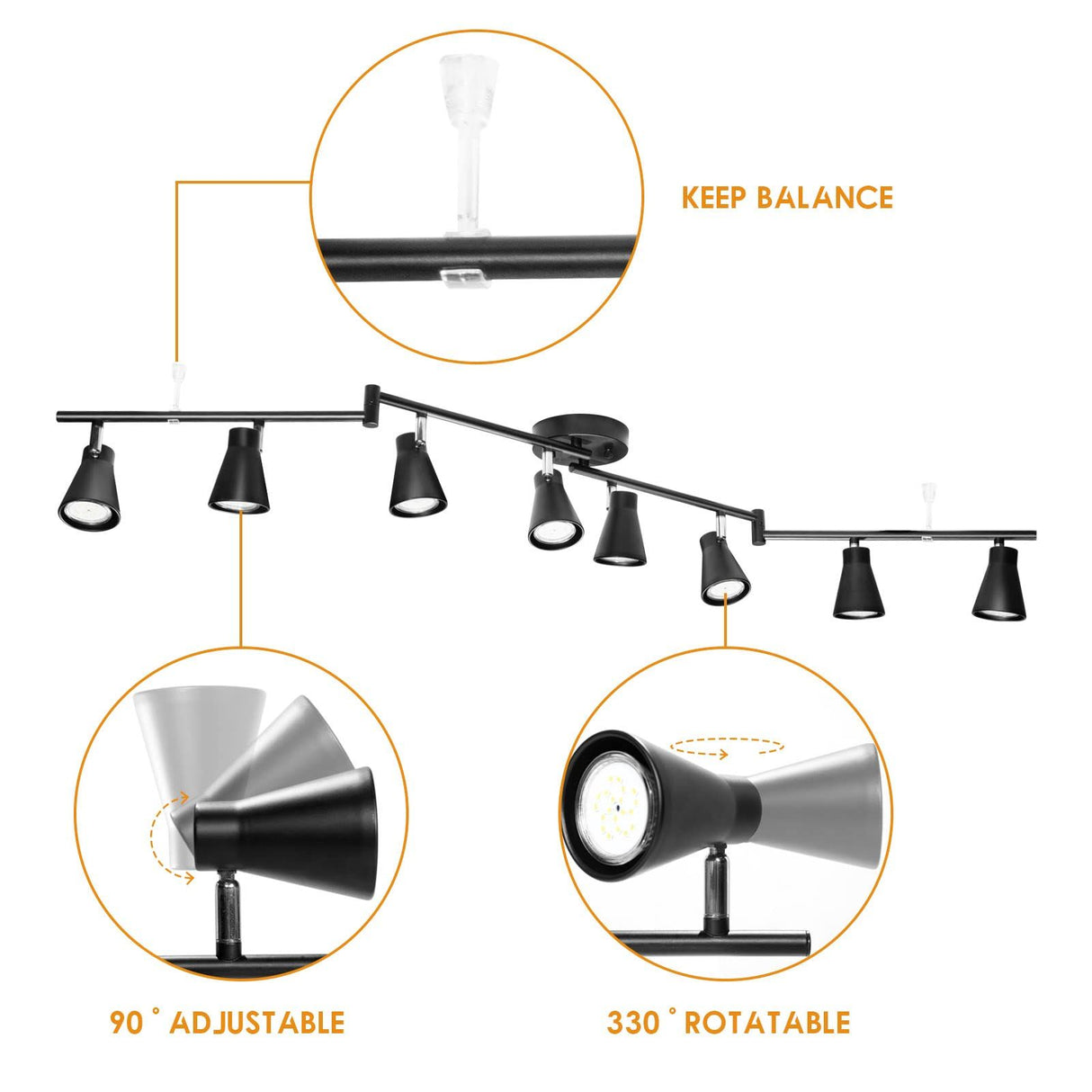 Flexible Track Lighting Fixture, Foldable Ceiling Spot Light with Adjustable 8 Light Heads, GU10 Track Light Kit for Kitchen Bedroom Living Room Matte Black (Bulbs Not Included)
