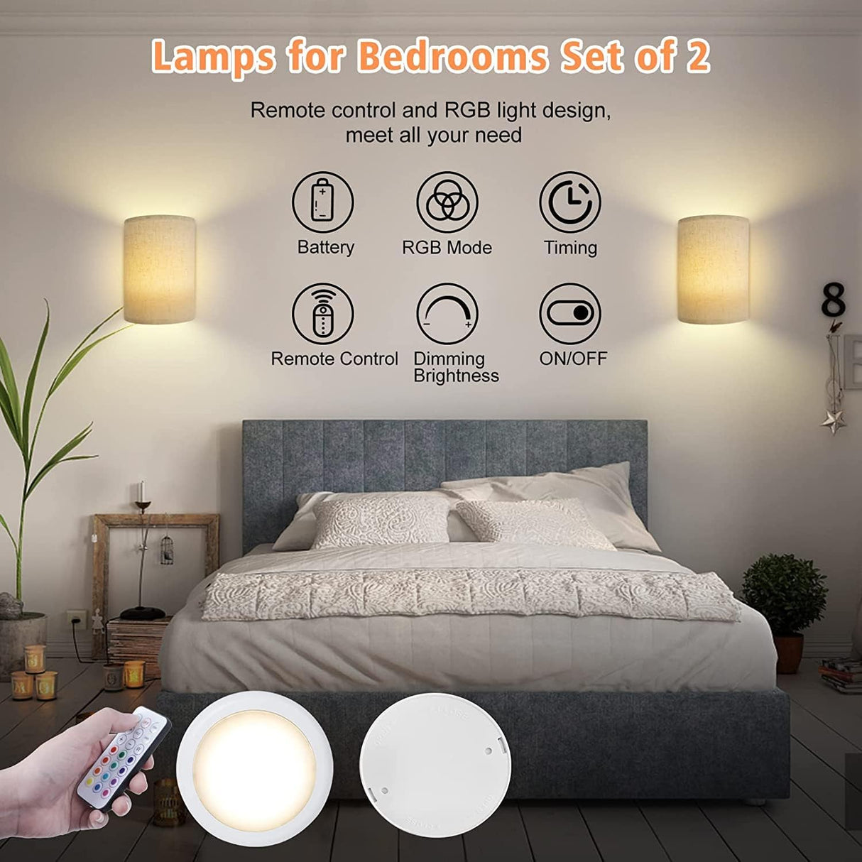 Battery Operated Wall Lights Indoor with Remote, Wireless LED Wall Lights with Fabric Shade, 12 Colors + Day White Changeable Dimmable Wall Lamp for Living Room Bedroom Hallway