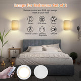 Battery Operated Wall Lights Indoor with Remote, Wireless LED Wall Lights with Fabric Shade, 12 Colors + Day White Changeable Dimmable Wall Lamp for Living Room Bedroom Hallway - Front View