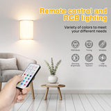 Wall Lights Set of 2, Battery Operated Fabric Sconce with Remote, LED Lamps in RGB+Warm White, Dimmable Timer for Bedroom and Living Room Lighting - Close-Up Angle