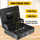 Lockable Metal Cash Box with 2 Keys, 4 Bill & 5 Coin Tray, Security Money Box with Anti-Loss Rope - 45-Degree Angle