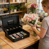 Lockable Metal Cash Box with 2 Keys, 4 Bill & 5 Coin Tray, Security Money Box with Anti-Loss Rope - Low Angle