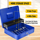 Lockable Metal Cash Box with 2 Keys, 4 Bill & 5 Coin Tray, Security Money Box with Anti-Loss Rope
