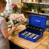 Lockable Metal Cash Box with 2 Keys, 4 Bill & 5 Coin Tray, Security Money Box with Anti-Loss Rope - Low Angle