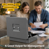 Lockable Metal Cash Box with 2 Keys, 4 Bill & 5 Coin Tray, Security Money Box with Anti-Loss Rope - 45-Degree Angle