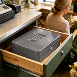 Lockable Metal Cash Box with 2 Keys, 4 Bill & 5 Coin Tray, Security Money Box with Anti-Loss Rope - Close-Up Angle