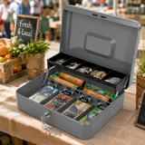 Lockable Metal Cash Box with 2 Keys, 4 Bill & 5 Coin Tray, Security Money Box with Anti-Loss Rope - Low Angle