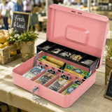 Lockable Metal Cash Box with 2 Keys, 4 Bill & 5 Coin Tray, Security Money Box with Anti-Loss Rope - Close-Up Angle