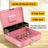 Lockable Metal Cash Box with 2 Keys, 4 Bill & 5 Coin Tray, Security Money Box with Anti-Loss Rope - Low Angle