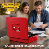 Lockable Metal Cash Box with 2 Keys, 4 Bill & 5 Coin Tray, Security Money Box with Anti-Loss Rope - Close-Up Angle