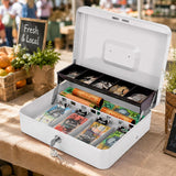 Lockable Metal Cash Box with 2 Keys, 4 Bill & 5 Coin Tray, Security Money Box with Anti-Loss Rope - Close-Up Angle