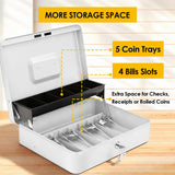 Lockable Metal Cash Box with 2 Keys, 4 Bill & 5 Coin Tray, Security Money Box with Anti-Loss Rope - Low Angle