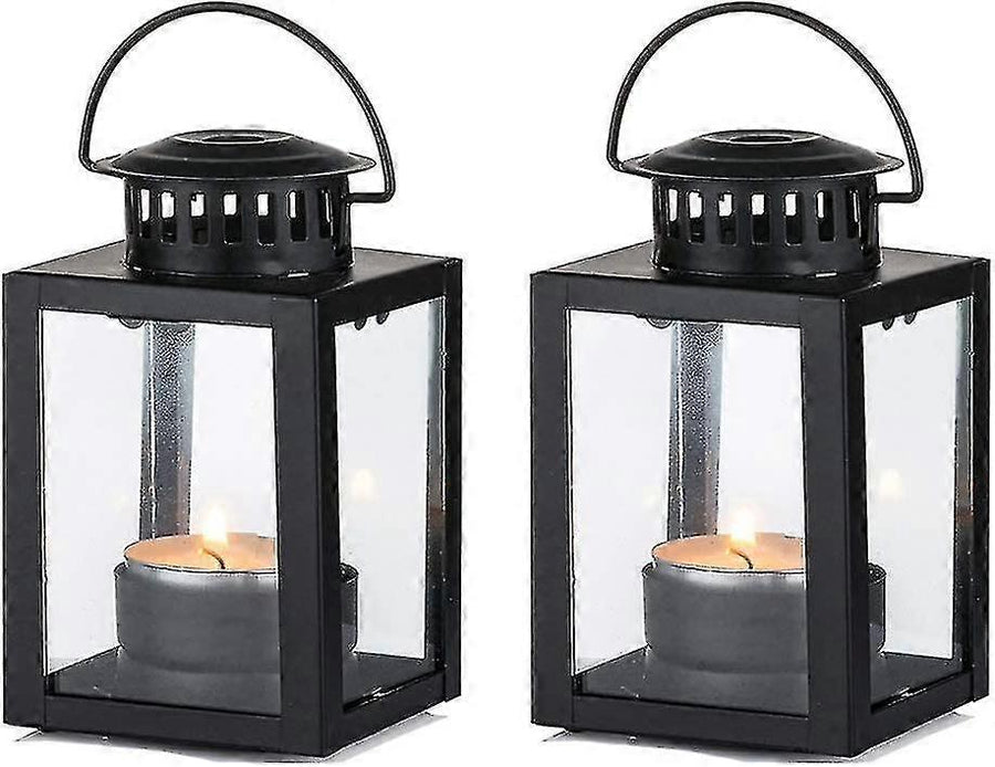 Tea Light Lanterns 2pcs Vintage Style Hanging Garden Lanterns Indoor Outdoor Black Compatible with Candles Blue Light Holder