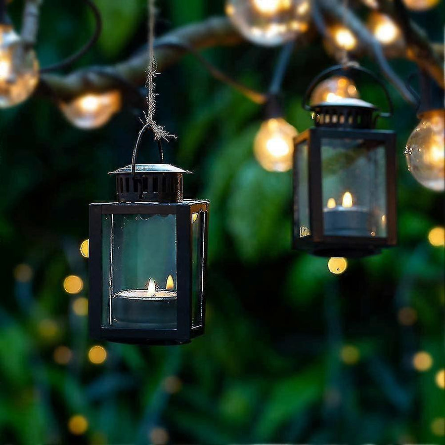 Tea Light Lanterns 2pcs Vintage Style Hanging Garden Lanterns Indoor Outdoor Black Compatible with Candles Blue Light Holder